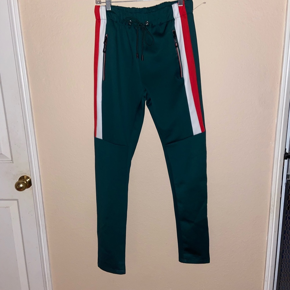 Italian style green sweats y2k indie slim track pants zippered pockets joggers